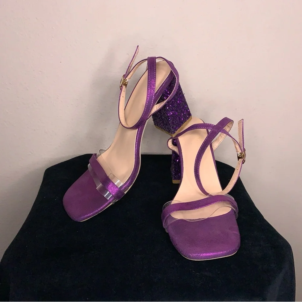Y2K Era Size 6 Purple Glitter Chunky Heel Shoes Party Event Prom Square Toe